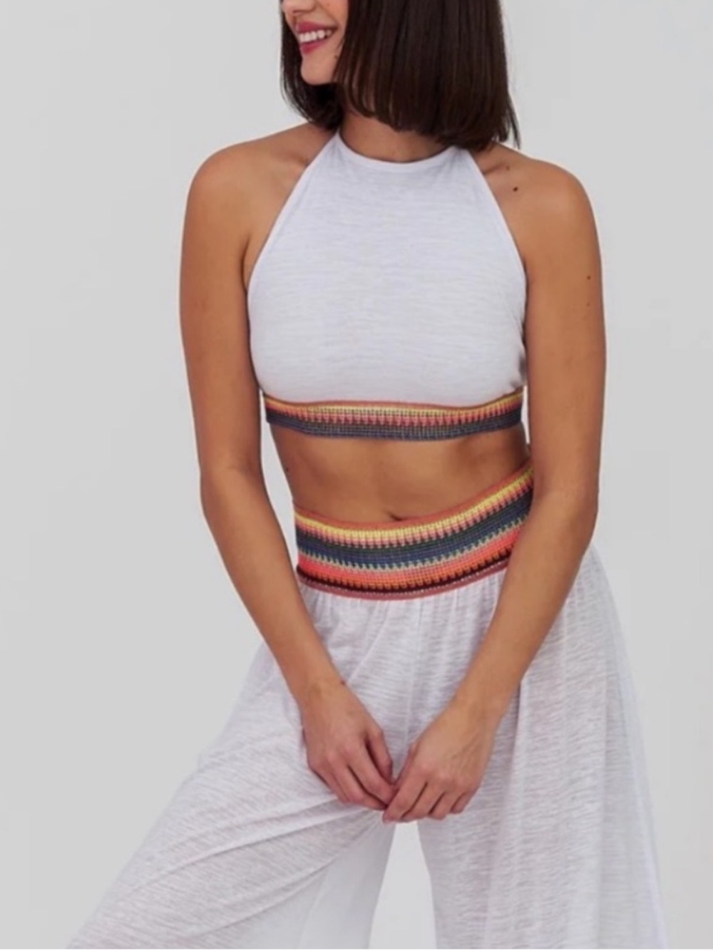 Revolve Pitusa NWT White Halter Top Rainbow Crochet Trim
